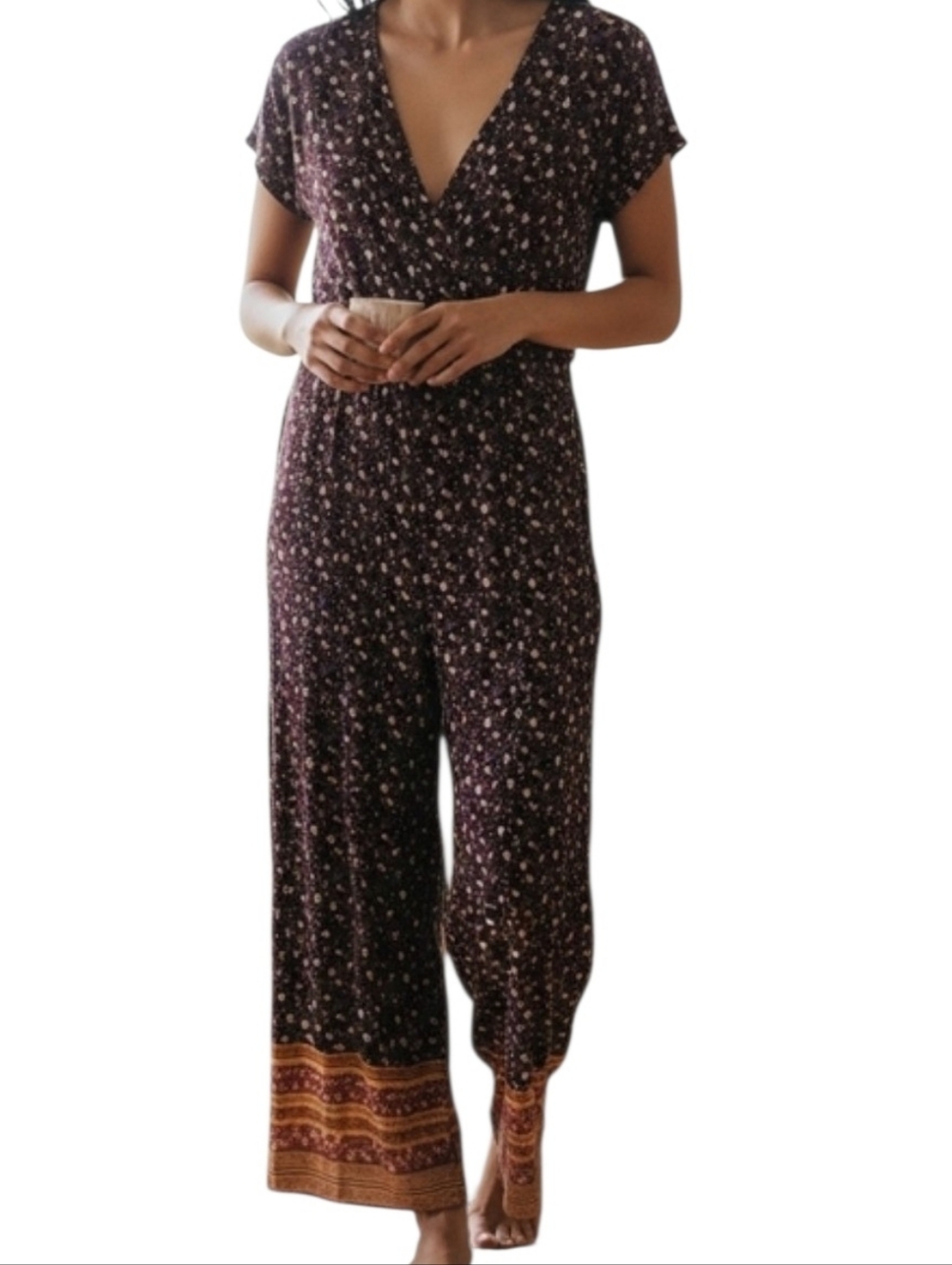 Rewind  Floral V-Neck Wide-Leg Jumpsuit with Border Hem